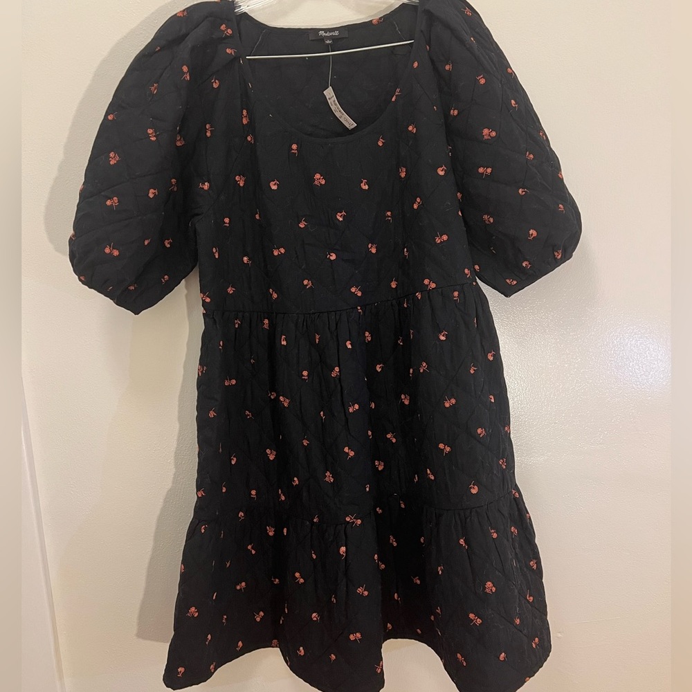 NWT Madewell Large Quilted Black Dress Red Floral with Pockets Scoop Neck